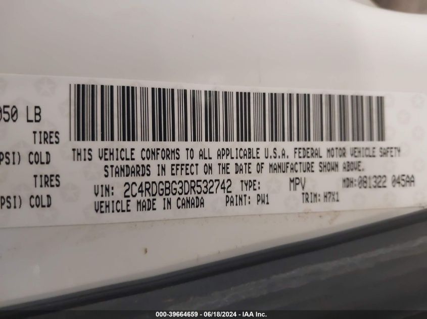 2013 Dodge Grand Caravan Se VIN: 2C4RDGBG3DR532742 Lot: 39664659