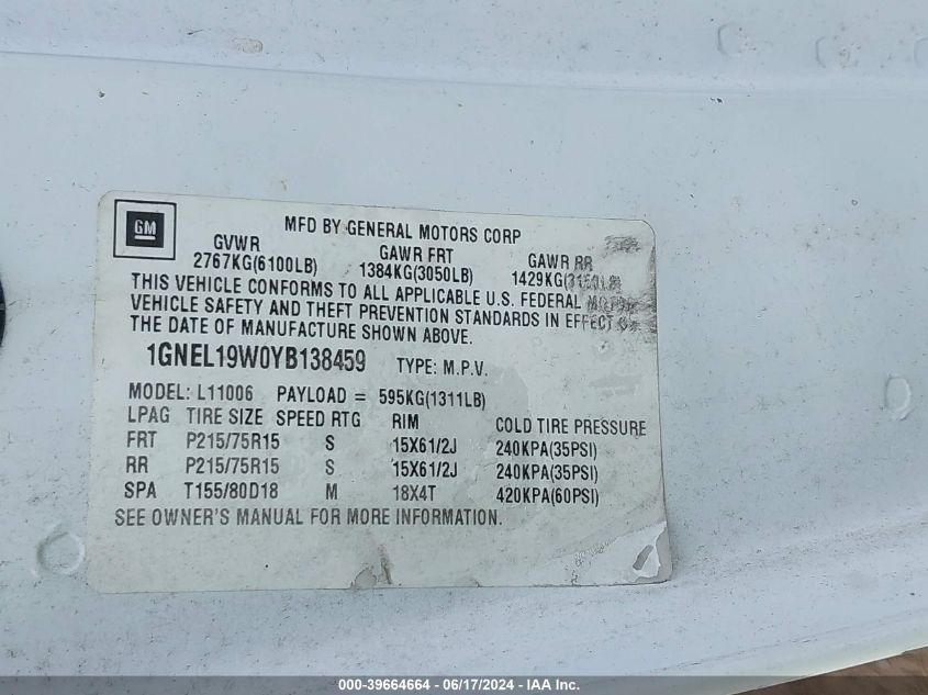 2000 Chevrolet Astro VIN: 1GNEL19W0YB138459 Lot: 39664664