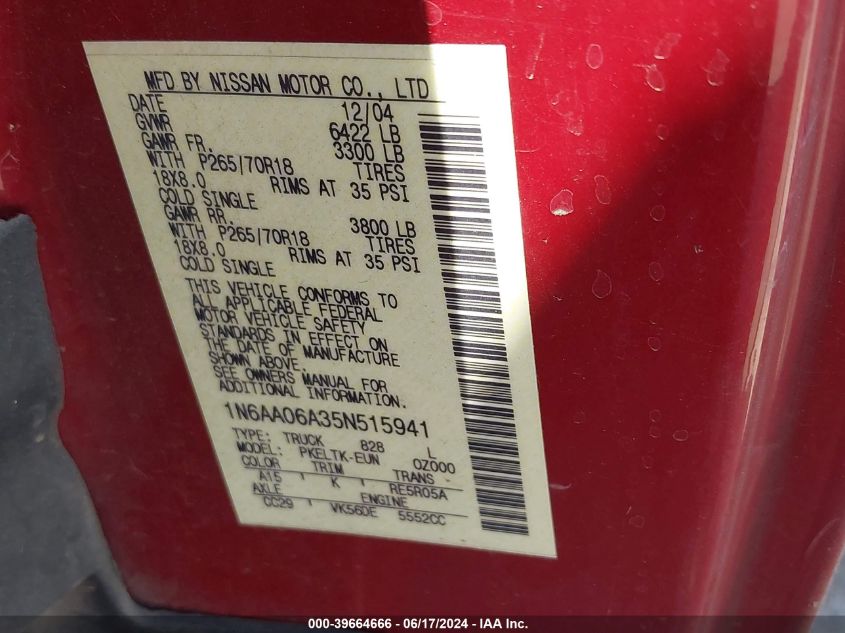 2005 Nissan Titan Se VIN: 1N6AA06A35N515941 Lot: 39664666
