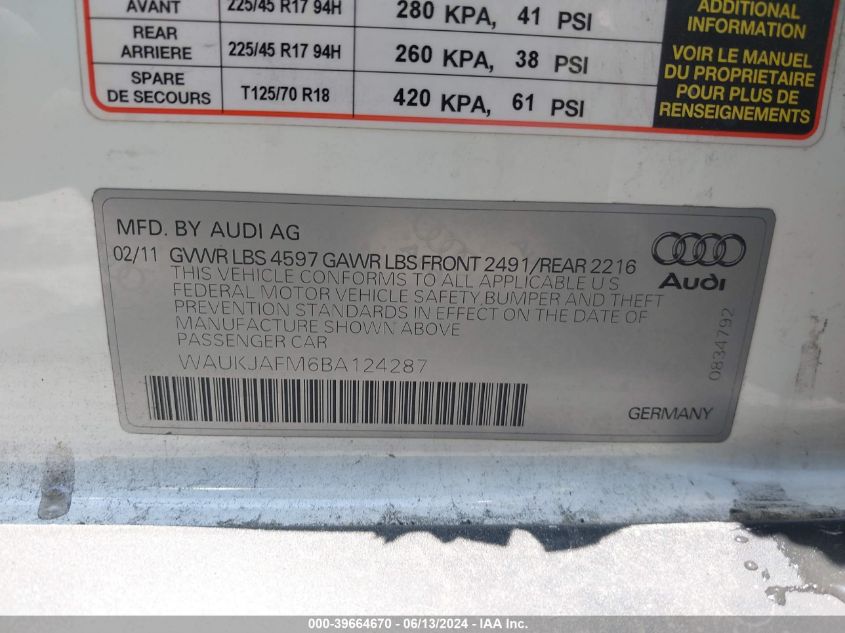 2011 Audi A3 2.0 Tdi Premium VIN: WAUKJAFM6BA124287 Lot: 39664670