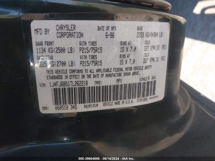 1996 Jeep Cherokee Sport/Classic VIN: 1J4FJ68S1TL262218 Lot: 39664698