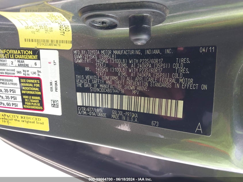 2011 Toyota Sienna Xle V6 VIN: 5TDYK3DC4BS144718 Lot: 39664700