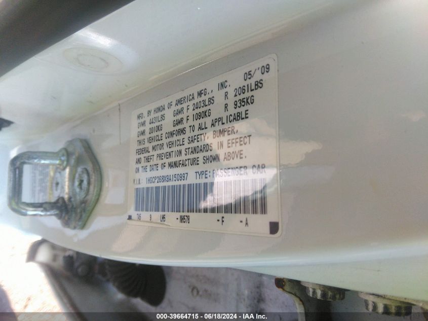 2009 Honda Accord 2.4 Ex-L VIN: 1HGCP268X9A150997 Lot: 39664715