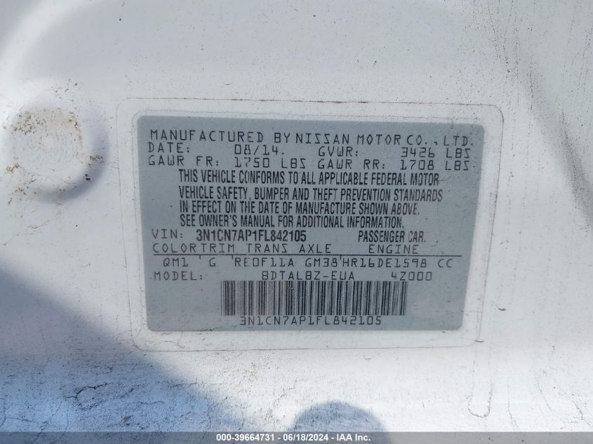 2015 Nissan Versa 1.6 Sv VIN: 3N1CN7AP1FL842105 Lot: 39664731