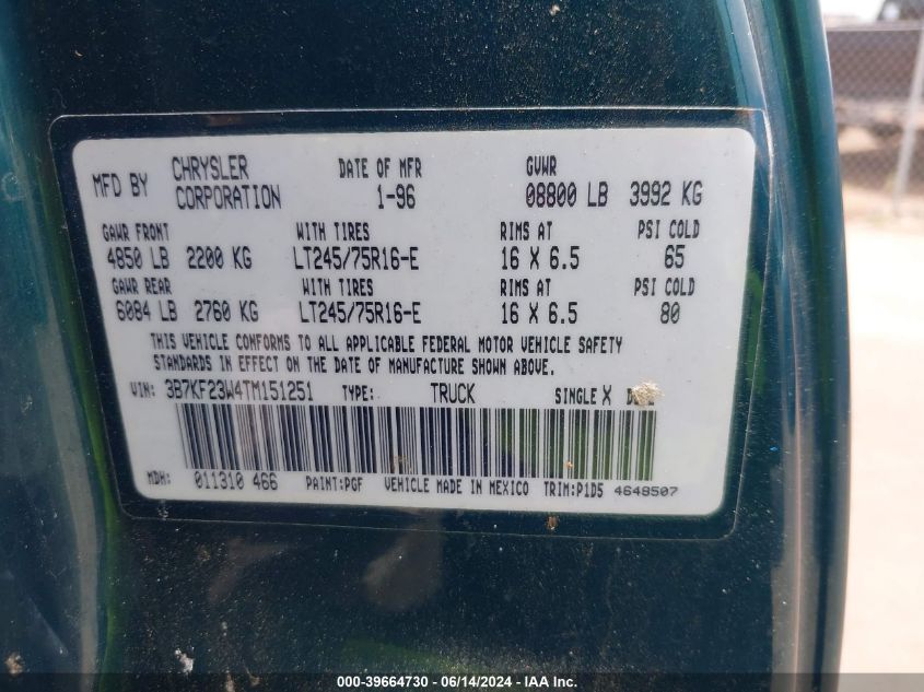 1996 Dodge Ram 2500 VIN: 3B7KF23W4TM151251 Lot: 39664730