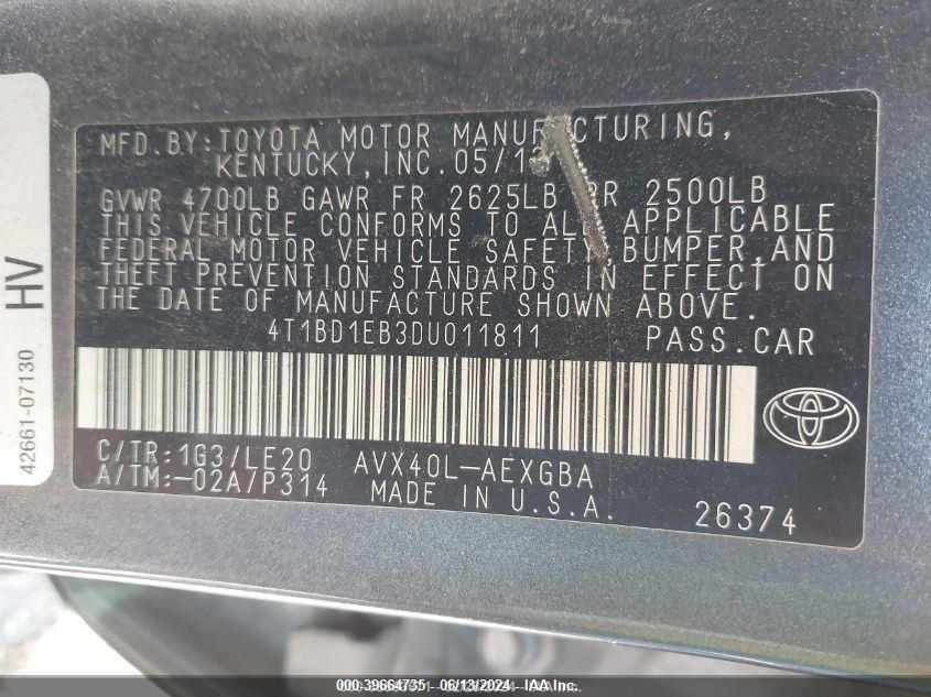 2013 Toyota Avalon Hybrid Xle Touring VIN: 4T1BD1EB3DU011811 Lot: 39664735