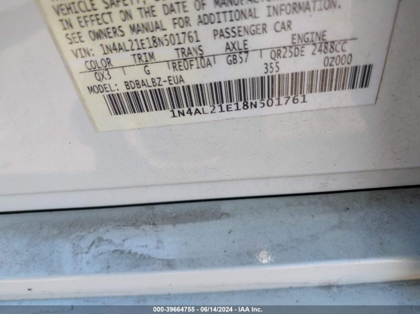 2008 Nissan Altima 2.5 S VIN: 1N4AL21E18N501761 Lot: 39664755