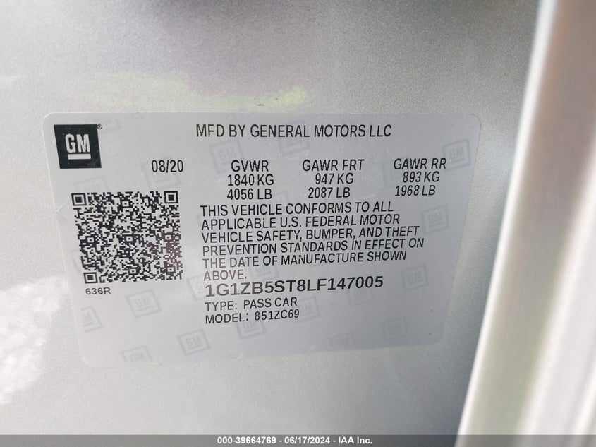 2020 Chevrolet Malibu Fwd Ls VIN: 1G1ZB5ST8LF147005 Lot: 39664769