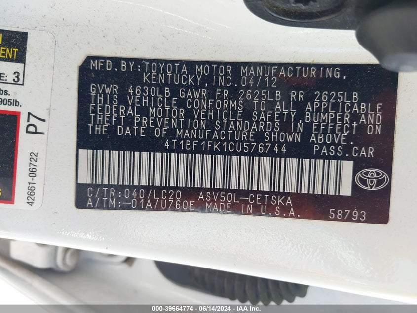 2012 Toyota Camry Se VIN: 4T1BF1FK1CU576744 Lot: 39664774