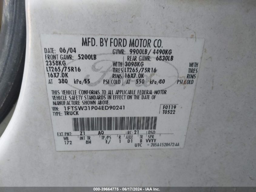 2004 Ford F-350 Lariat/Xl/Xlt VIN: 1FTSW31P04ED90241 Lot: 39664775
