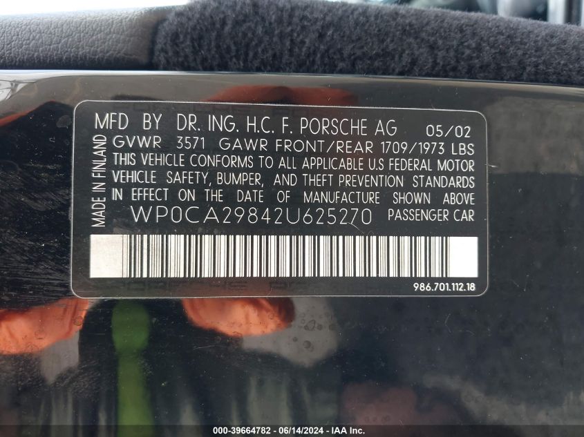 2002 Porsche Boxster VIN: WP0CA29842U625270 Lot: 39664782