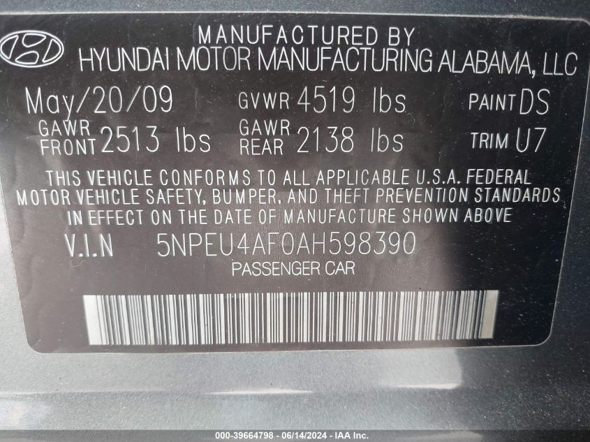 5NPEU4AF0AH598390 2010 Hyundai Sonata Se V6