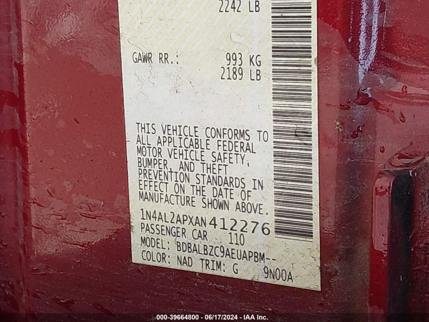 2010 Nissan Altima 2.5 S VIN: 1N4AL2APXAN412276 Lot: 39664800