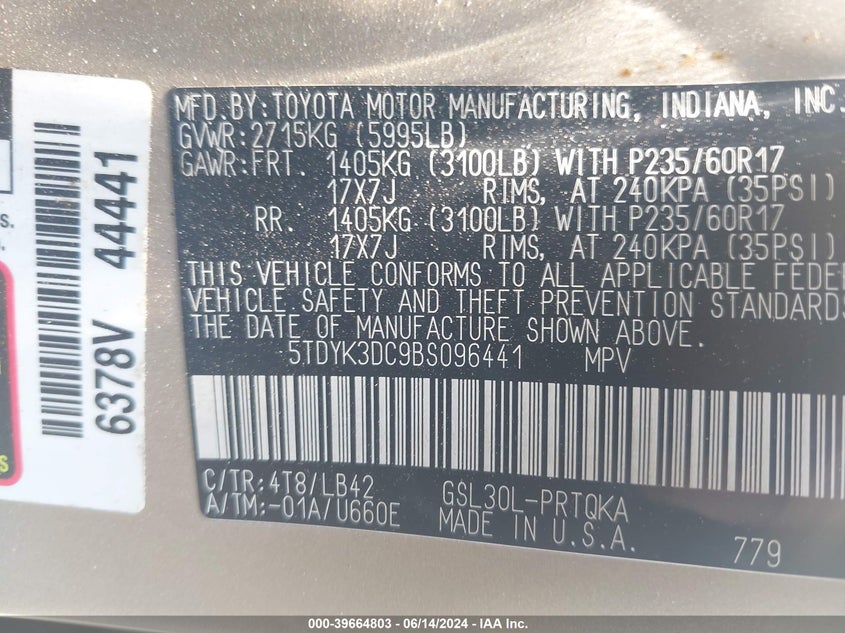 2011 Toyota Sienna Xle V6 VIN: 5TDYK3DC9BS096441 Lot: 39664803