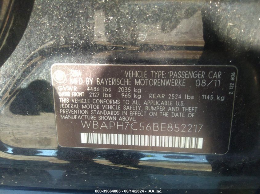 2011 BMW 328I VIN: WBAPH7C56BE852217 Lot: 39664805