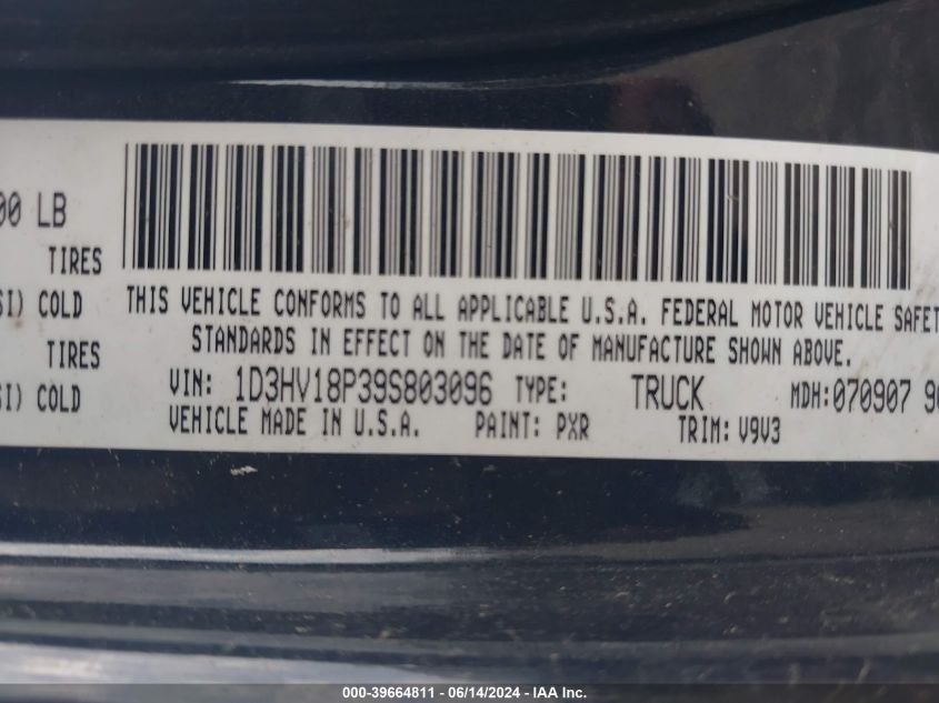 2009 Dodge Ram 1500 Slt/Sport/Trx VIN: 1D3HV18P39S803096 Lot: 39664811