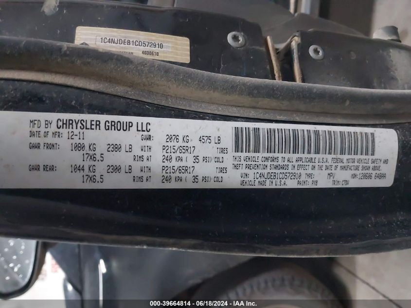 2012 Jeep Compass Latitude VIN: 1C4NJDEB1CD572910 Lot: 39664814