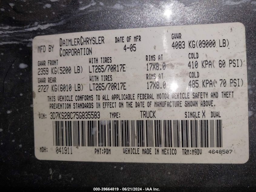 2005 Dodge Ram 2500 St/Slt VIN: 3D7KS28C75G835583 Lot: 39664819