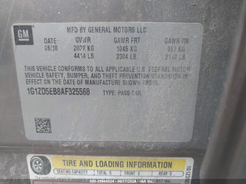 2010 Chevrolet Malibu Lt VIN: 1G1ZD5EB8AF325568 Lot: 39664824