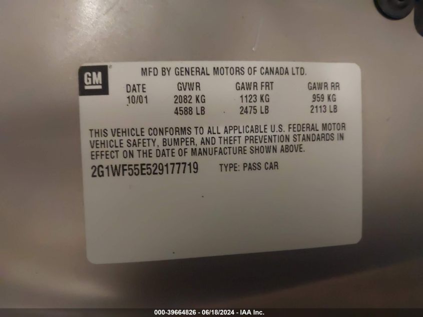 2002 Chevrolet Impala VIN: 2G1WF55E529177719 Lot: 39664826