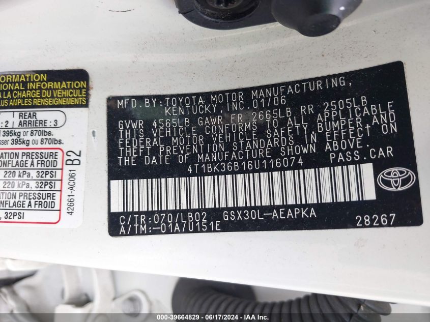 2006 Toyota Avalon Limited VIN: 4T1BK36B16U116074 Lot: 39664829