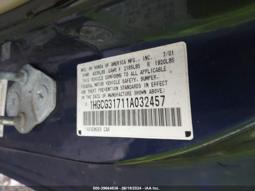 2001 Honda Accord 2.3 Ex VIN: 1HGCG31711A032457 Lot: 39664836
