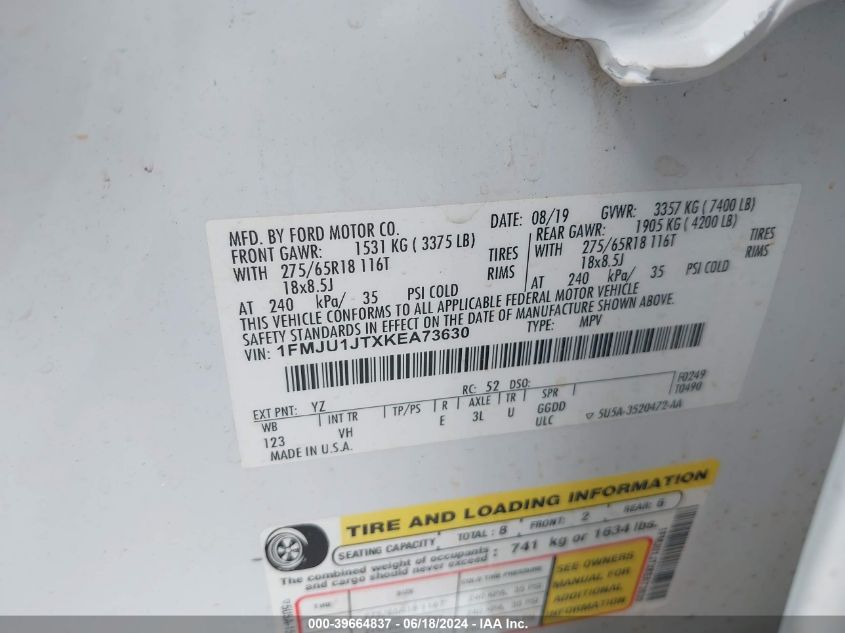 2019 Ford Expedition Xlt VIN: 1FMJU1JTXKEA73630 Lot: 39664837