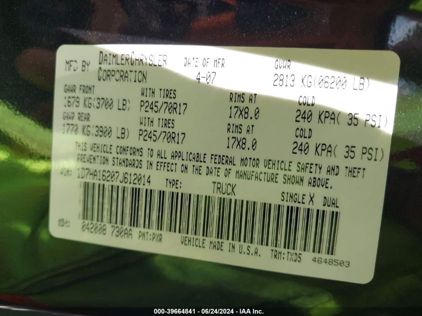 2007 Dodge Ram 1500 St VIN: 1D7HA16207J612014 Lot: 39664841