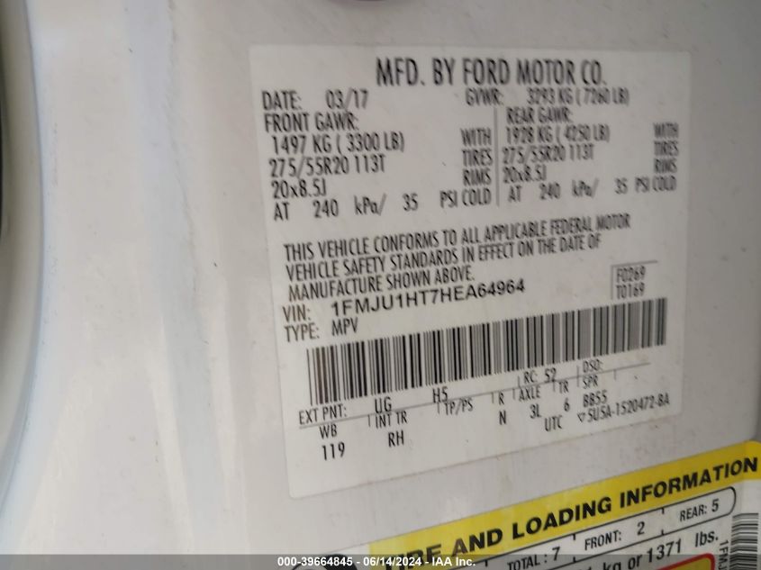 2017 Ford Expedition King Ranch VIN: 1FMJU1HT7HEA64964 Lot: 39664845