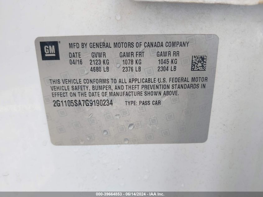 2016 Chevrolet Impala 1Lt VIN: 2G1105SA7G9190234 Lot: 39664853