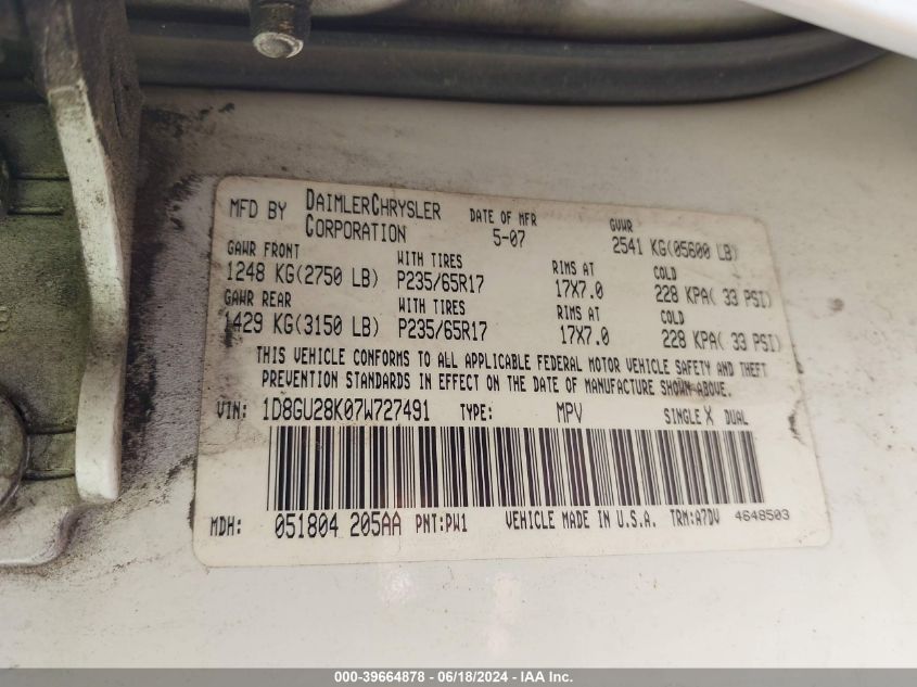 2007 Dodge Nitro Sxt VIN: 1D8GU28K07W727491 Lot: 39664878