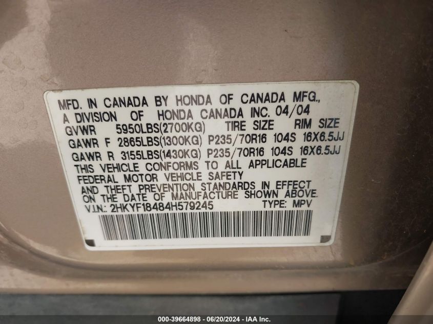 2004 Honda Pilot Ex VIN: 2HKYF18484H579245 Lot: 39664898