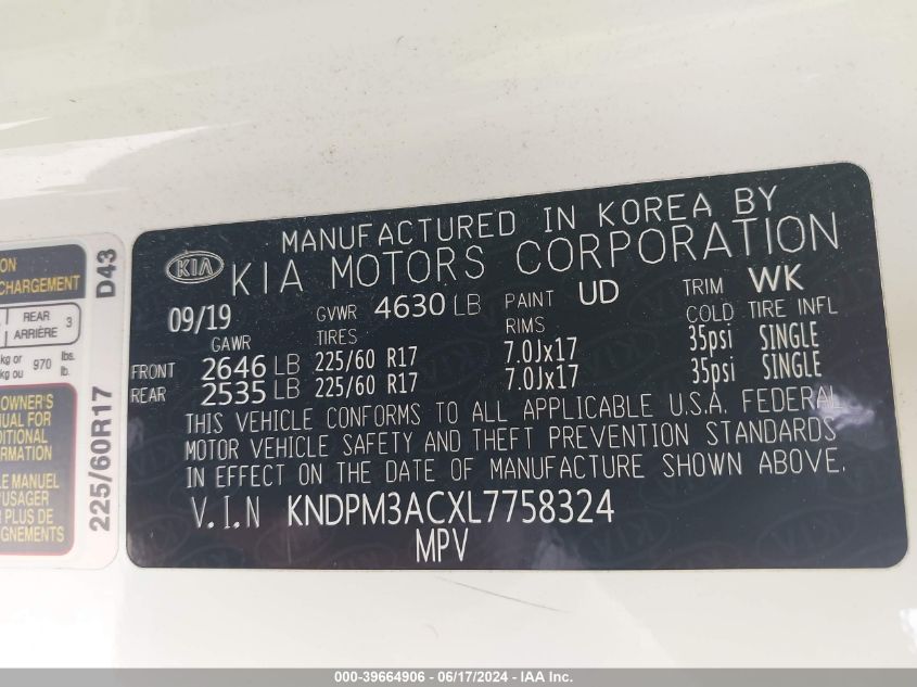 2020 Kia Sportage Lx VIN: KNDPM3ACXL7758324 Lot: 39664906