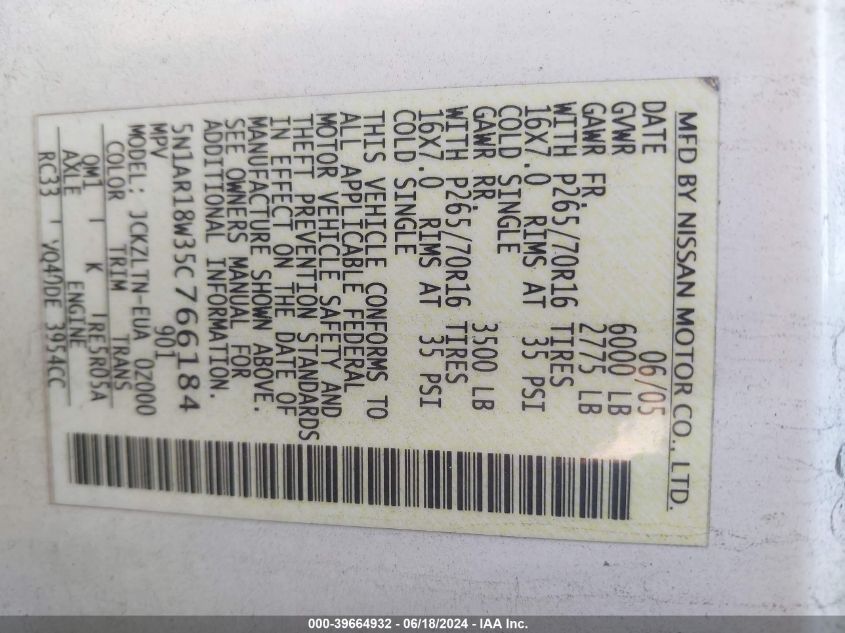 2005 Nissan Pathfinder Se VIN: 5N1AR18W35C766184 Lot: 39664932