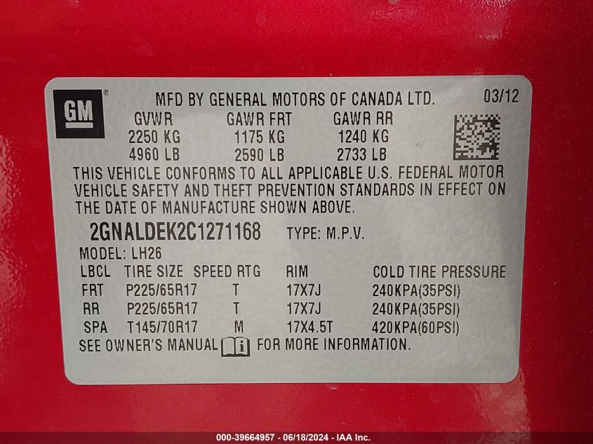 2012 Chevrolet Equinox 1Lt VIN: 2GNALDEK2C1271168 Lot: 39664957