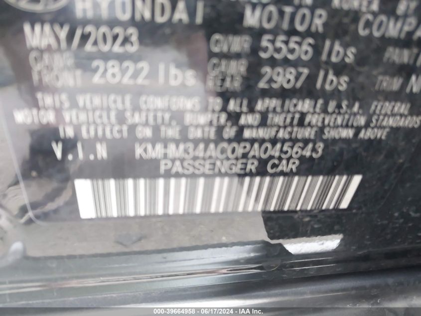 2023 Hyundai Ioniq 6 Sel VIN: KMHM34AC0PA045643 Lot: 39664958