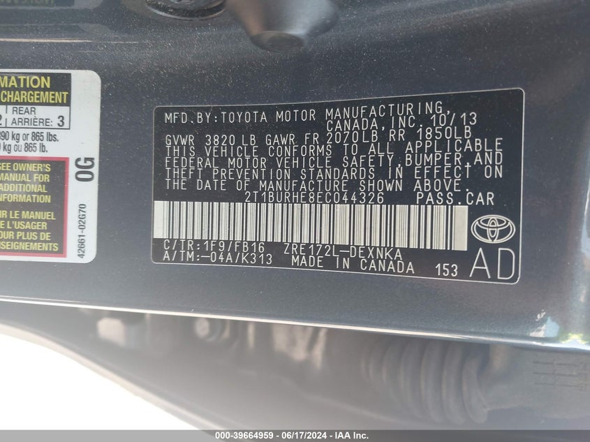 2014 Toyota Corolla Le Plus VIN: 2T1BURHE8EC044326 Lot: 39664959