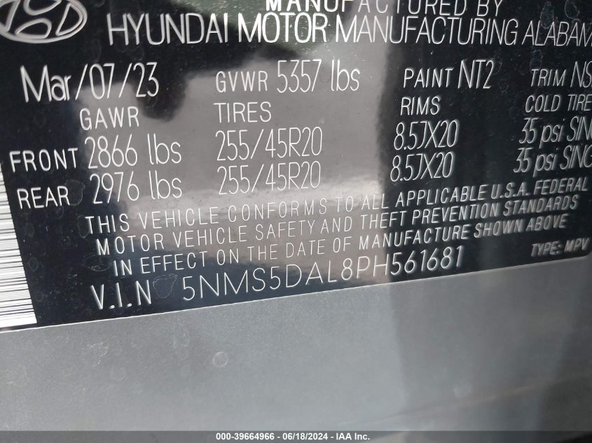 5NMS5DAL8PH561681 2023 Hyundai Santa Fe Calligraphy