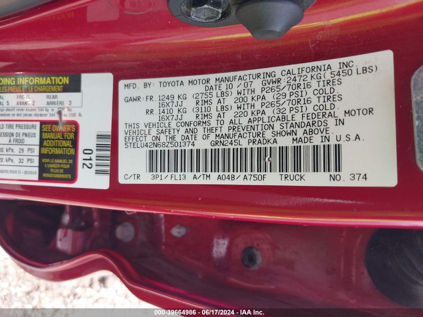 2008 Toyota Tacoma Base V6 VIN: 5TELU42N68Z501374 Lot: 39664986