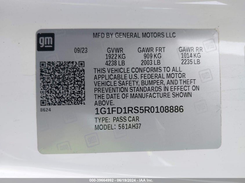 2024 Chevrolet Camaro Lt VIN: 1G1FD1RS5R0108886 Lot: 39664992