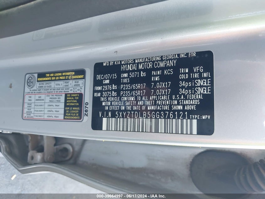 2016 Hyundai Santa Fe Sport 2.4L VIN: 5XYZTDLB5GG376121 Lot: 39664997