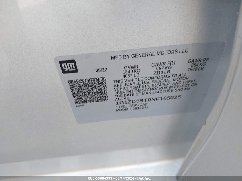 2022 Chevrolet Malibu Fwd Lt VIN: 1G1ZD5ST0NF165026 Lot: 39664999