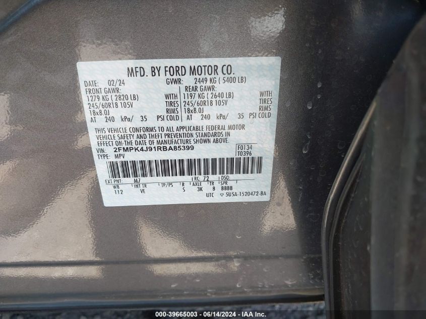 2024 Ford Edge Sel VIN: 2FMPK4J91RBA85399 Lot: 39665003