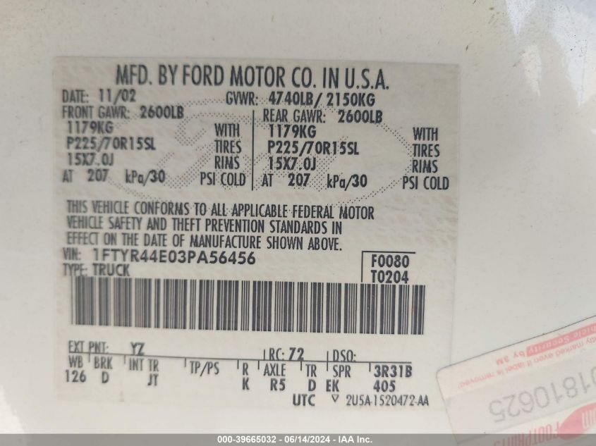 2003 Ford Ranger Xlt VIN: 1FTYR44E03PA56456 Lot: 39665032