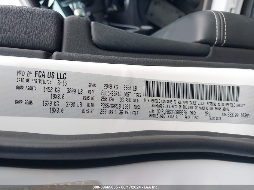 2015 Jeep Grand Cherokee Limited VIN: 1C4RJFBG3FC889370 Lot: 39665035