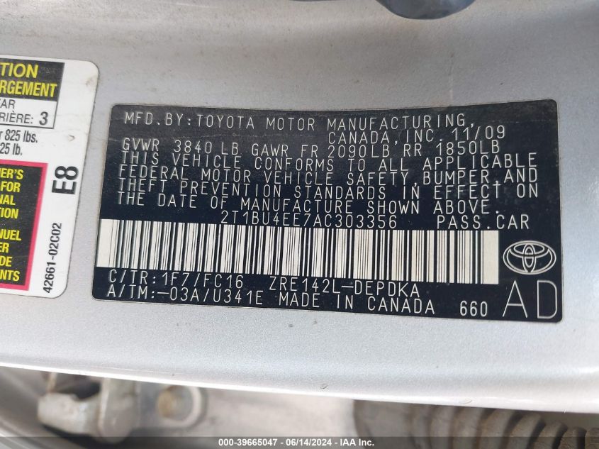 2010 Toyota Corolla Le VIN: 2T1BU4EE7AC303356 Lot: 39665047