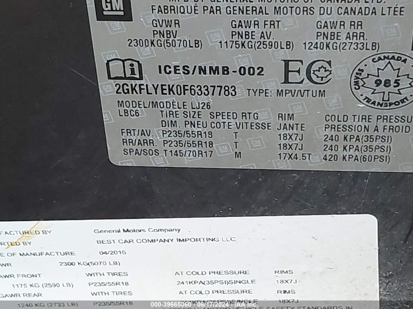 2015 GMC Terrain Slt-2 VIN: 2GKFLYEK0F6337783 Lot: 39665060