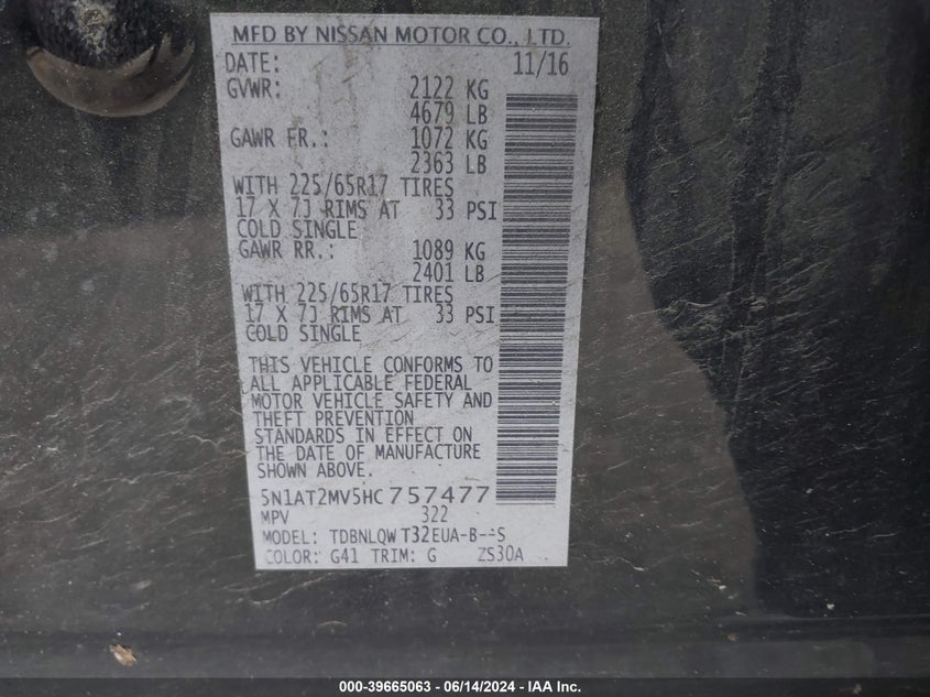 2017 Nissan Rogue Sv VIN: 5N1AT2MV5HC757477 Lot: 39665063