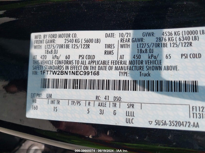 2022 Ford F-250 Super Duty VIN: 1FT7W2BN1NEC99168 Lot: 39665074