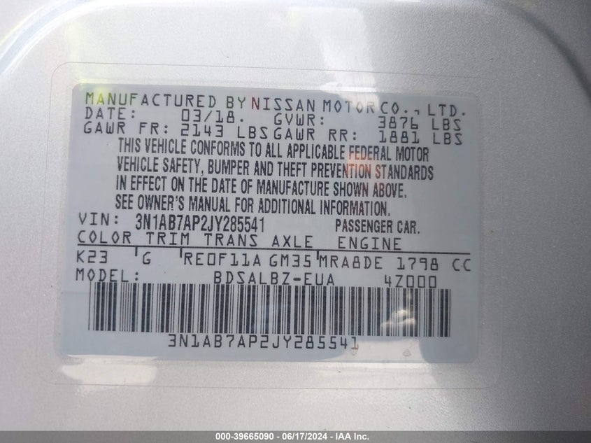 VIN 3N1AB7AP2JY285541 2018 NISSAN SENTRA S/SV/SR/SL